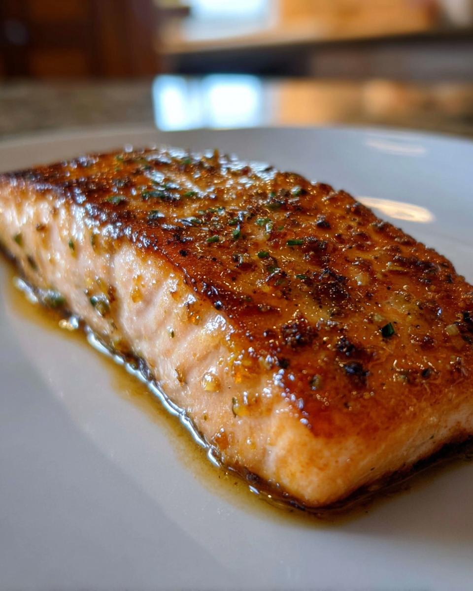 Close-up of a perfectly cooked Garlic Butter Salmon with crispy, browned edges resting in butter sauce.