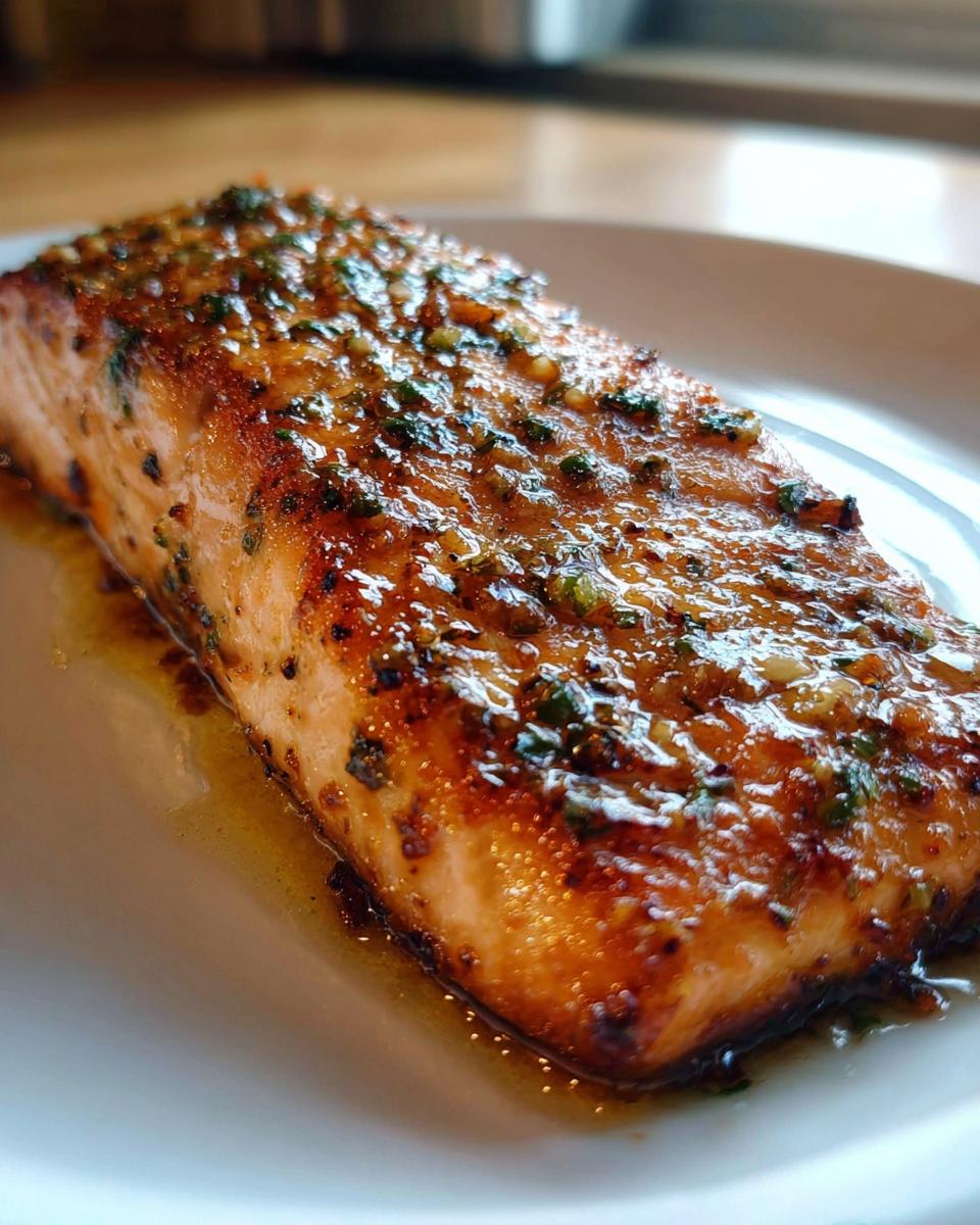Close-up of a perfectly cooked Garlic Butter Salmon with crispy edges, glistening with sauce.