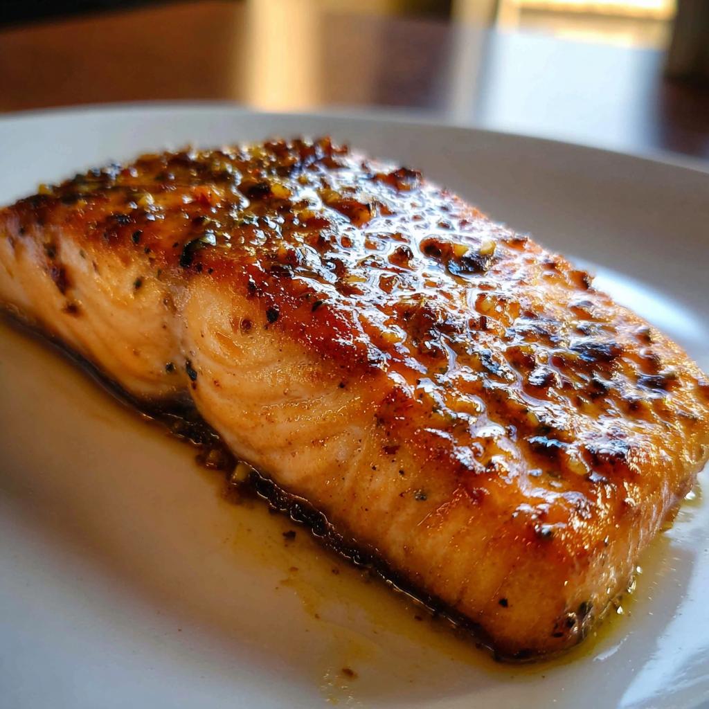 Close-up of a perfectly cooked fillet of Garlic Butter Salmon with Crispy Edges, glistening with sauce.