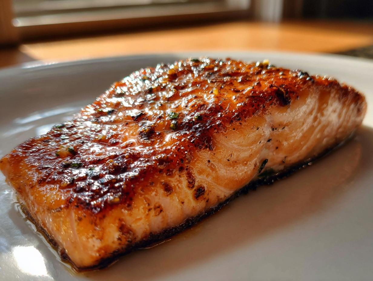 Close-up of a perfectly cooked fillet of Garlic Butter Salmon with crispy, caramelized edges.