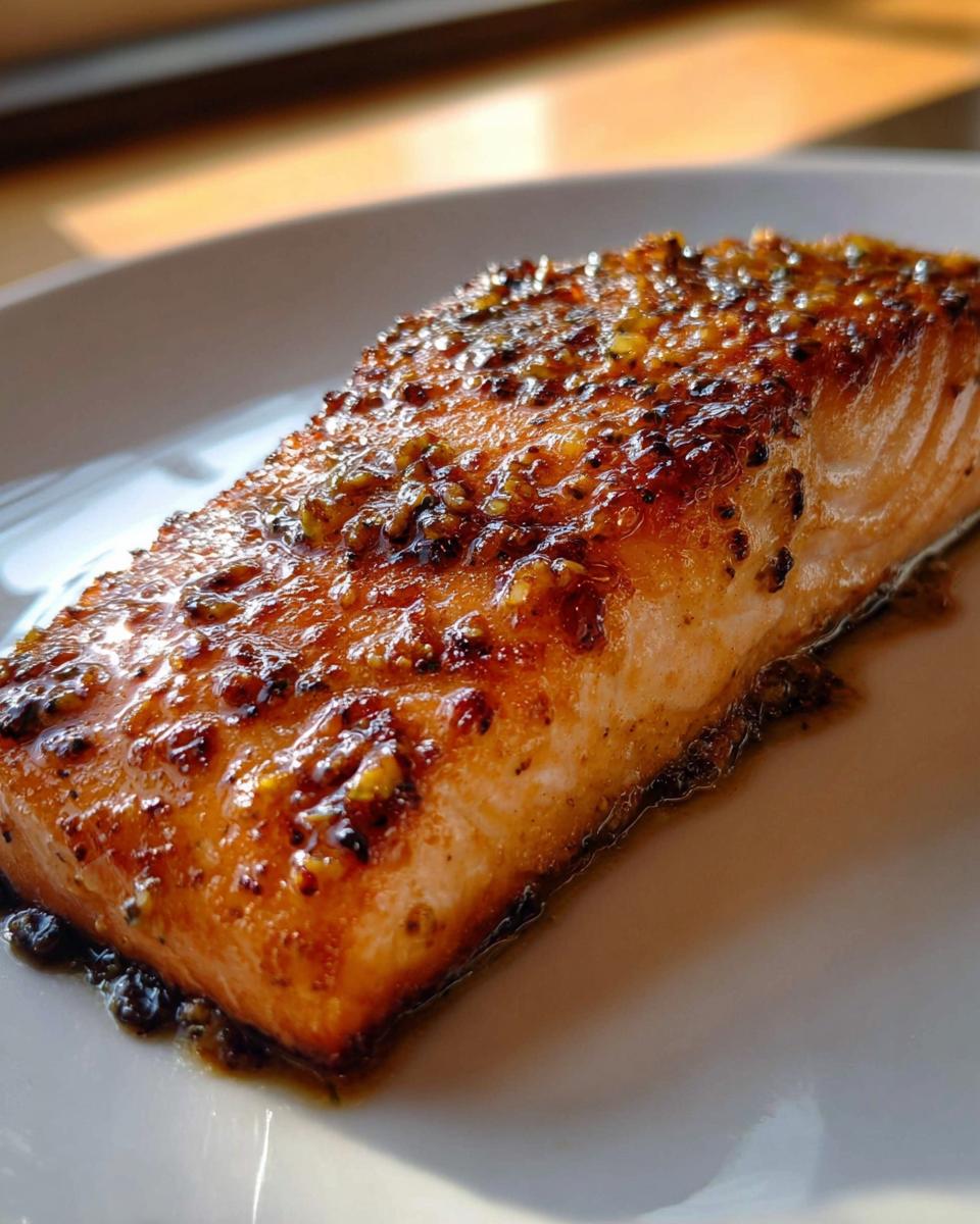 Close-up of a perfectly cooked fillet of Garlic Butter Salmon with Crispy Edges, showing a glossy, caramelized glaze.