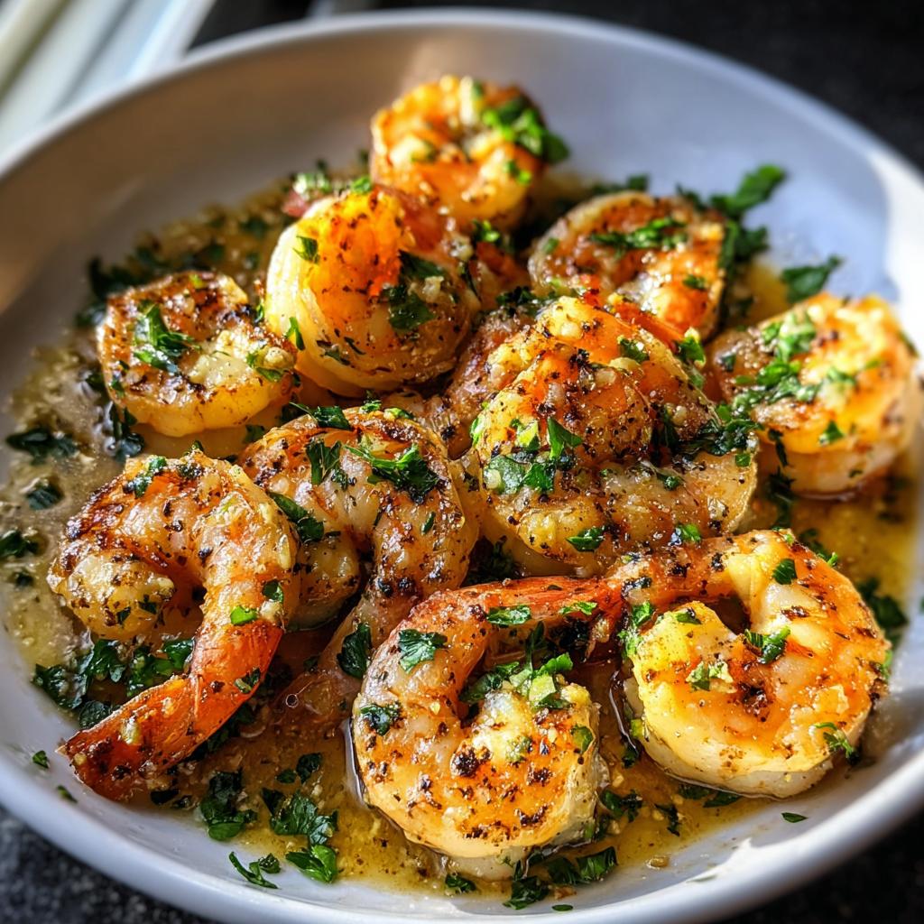 Close-up of perfectly cooked Garlic Butter Shrimp in a fast skillet, glistening in sauce and topped with fresh parsley.