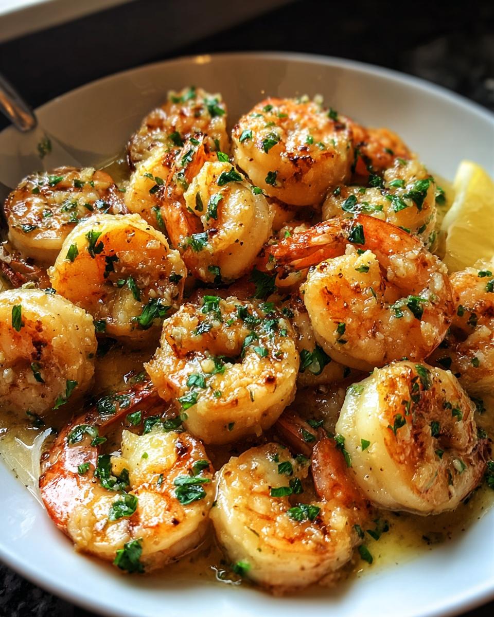 Close-up of juicy, seared Garlic Butter Shrimp in a skillet, coated in garlic butter sauce and parsley.
