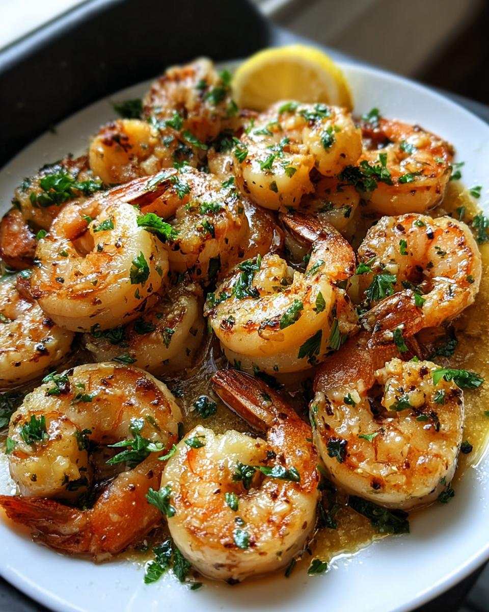 Close-up of perfectly cooked Garlic Butter Shrimp in a Fast Skillet, glistening with sauce and topped with fresh parsley.
