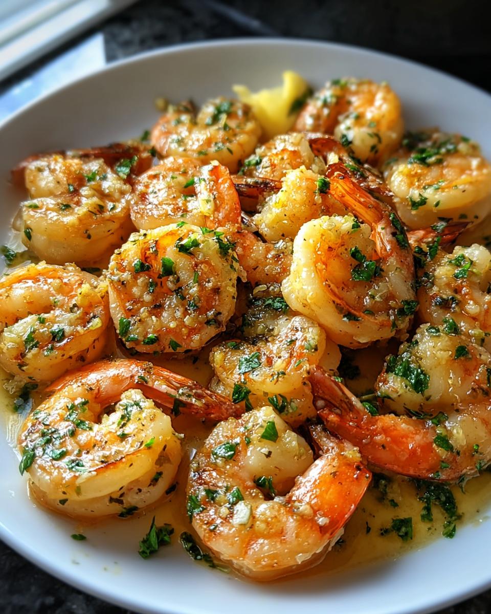 Close-up of juicy, cooked shrimp coated in garlic butter sauce and fresh parsley, ready to eat.