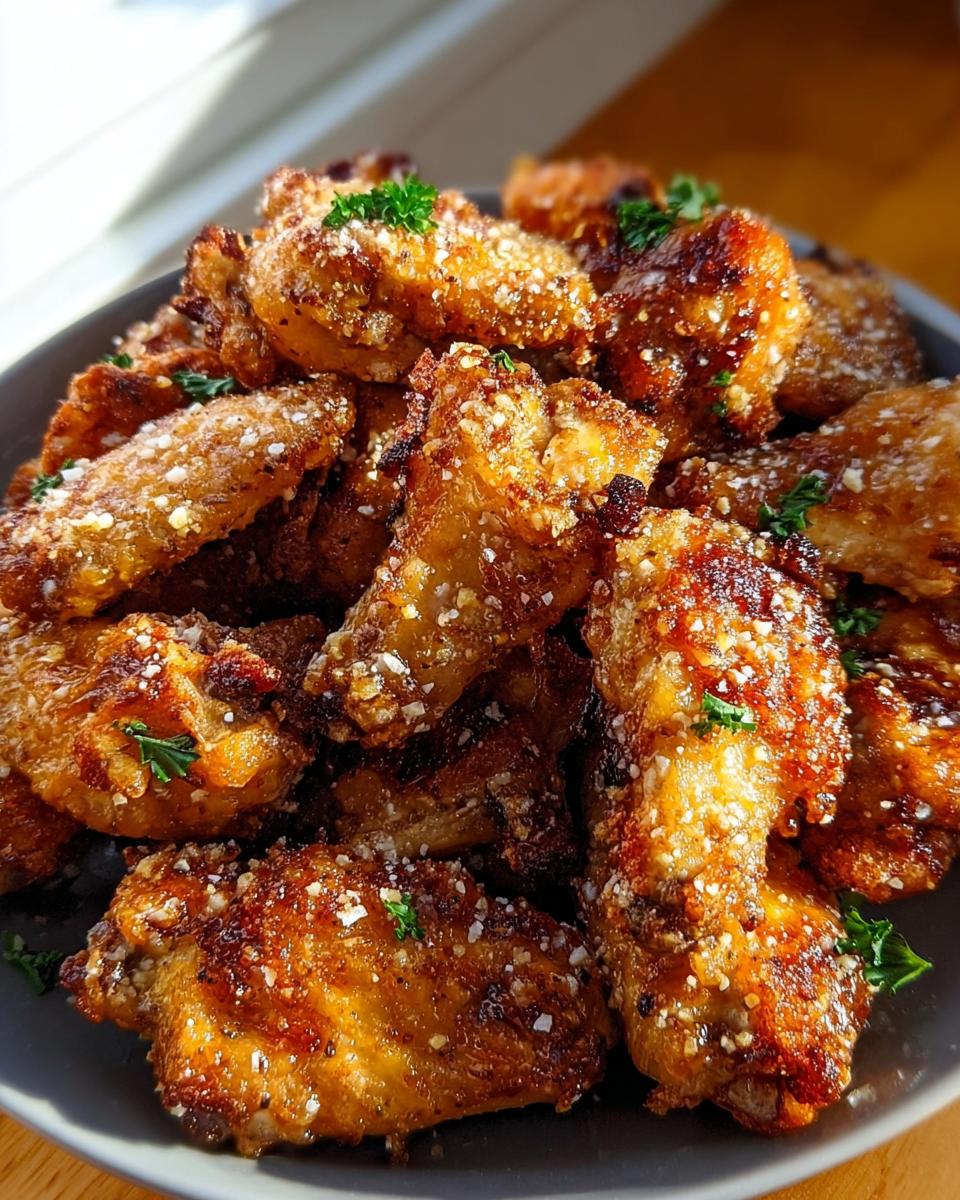 A close-up of golden brown Garlic Parmesan Wings coated in grated cheese and parsley.