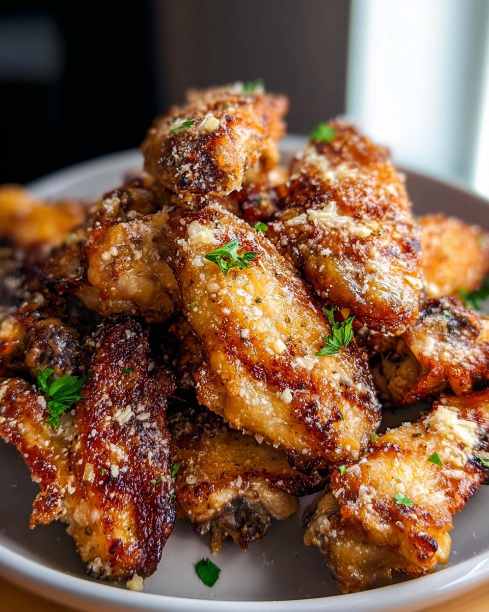 A close-up of crispy, golden brown Garlic Parmesan Wings generously topped with grated cheese and parsley.