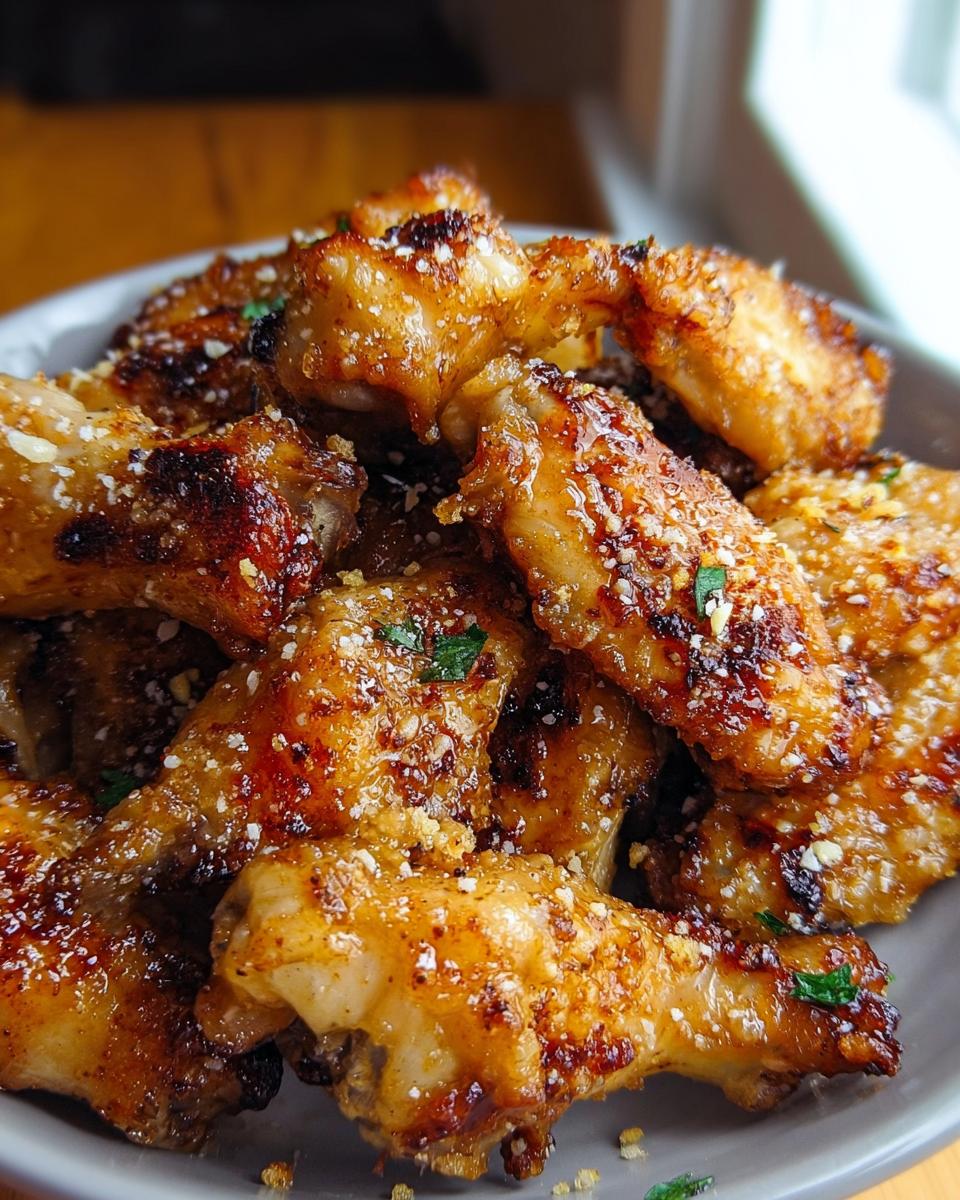 A close-up of crispy, glazed Garlic Parmesan Wings generously topped with grated cheese and parsley.