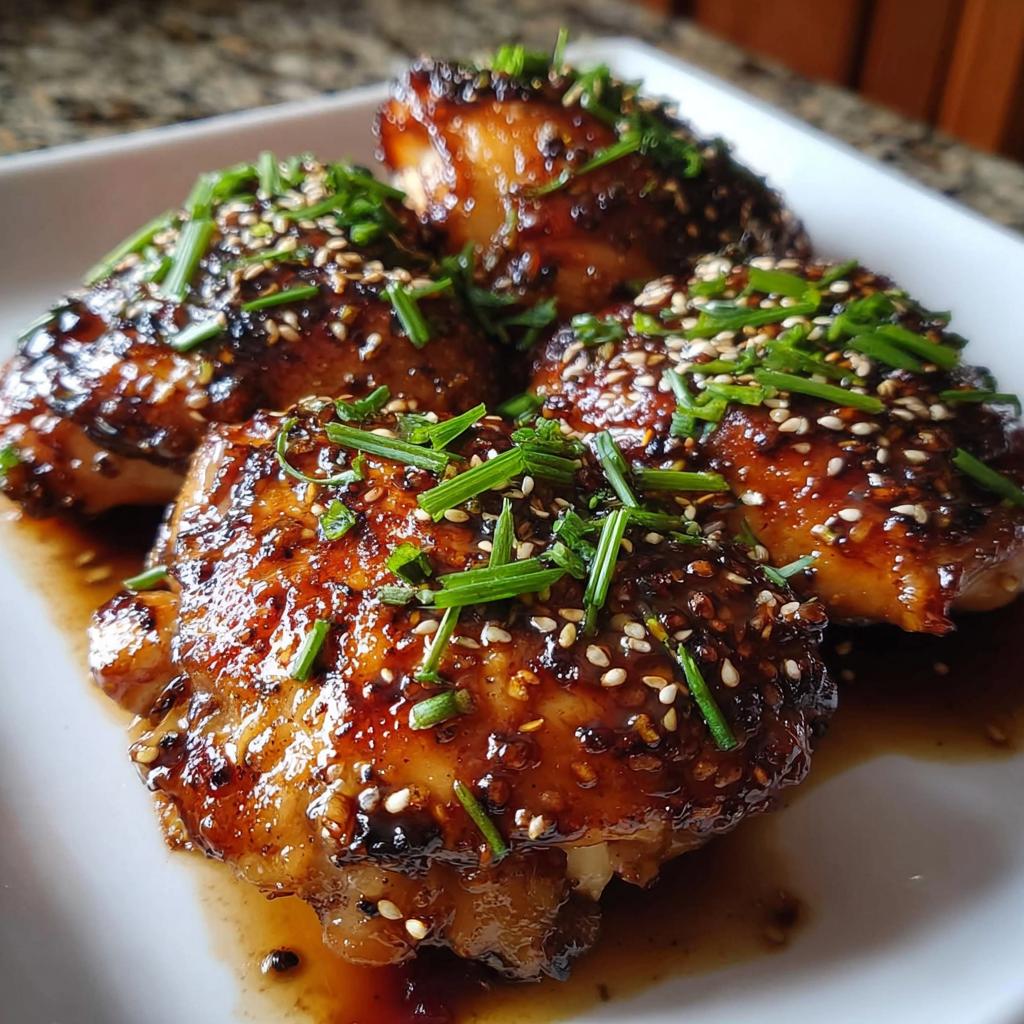 Four pieces of Garlic Soy Chicken Thighs with Sticky Glaze, topped with sesame seeds and chives.