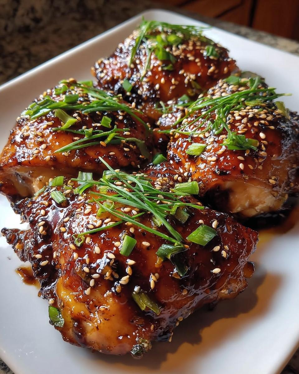 Four pieces of Garlic Soy Chicken Thighs with sticky glaze, topped with sesame seeds and chives.