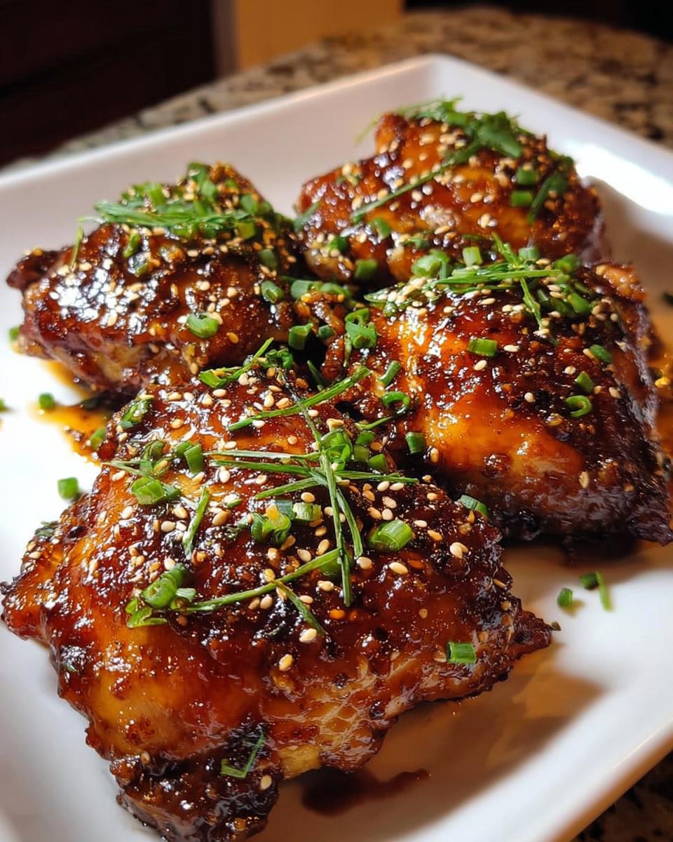 Four pieces of Garlic Soy Chicken Thighs with Sticky Glaze, garnished with sesame seeds and chives.