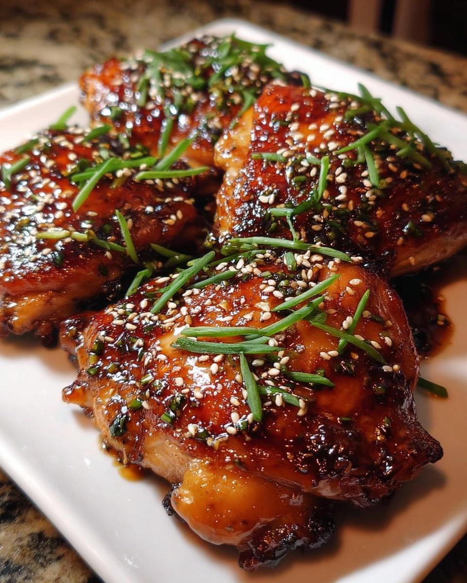 Four pieces of Garlic Soy Chicken Thighs with Sticky Glaze, topped with sesame seeds and chives.