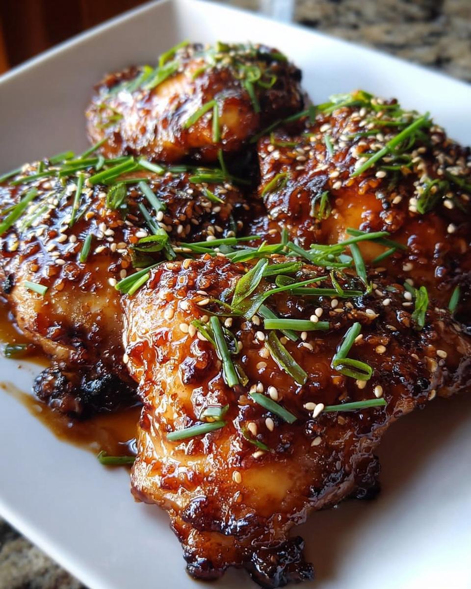 Close-up of four Garlic Soy Chicken Thighs with sticky glaze, sesame seeds, and chives.