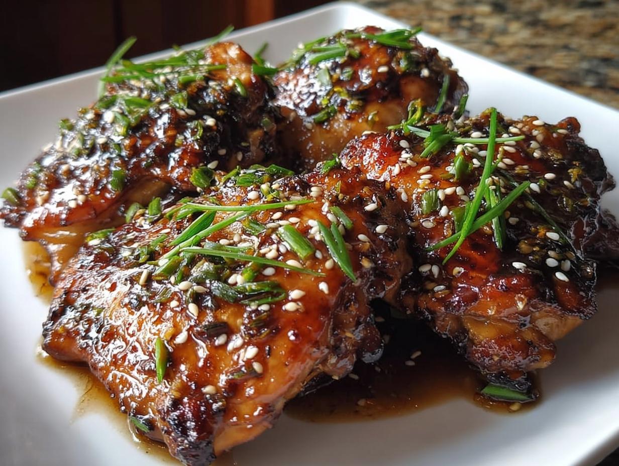 Four pieces of Garlic Soy Chicken Thighs with Sticky Glaze, topped with sesame seeds and chives.