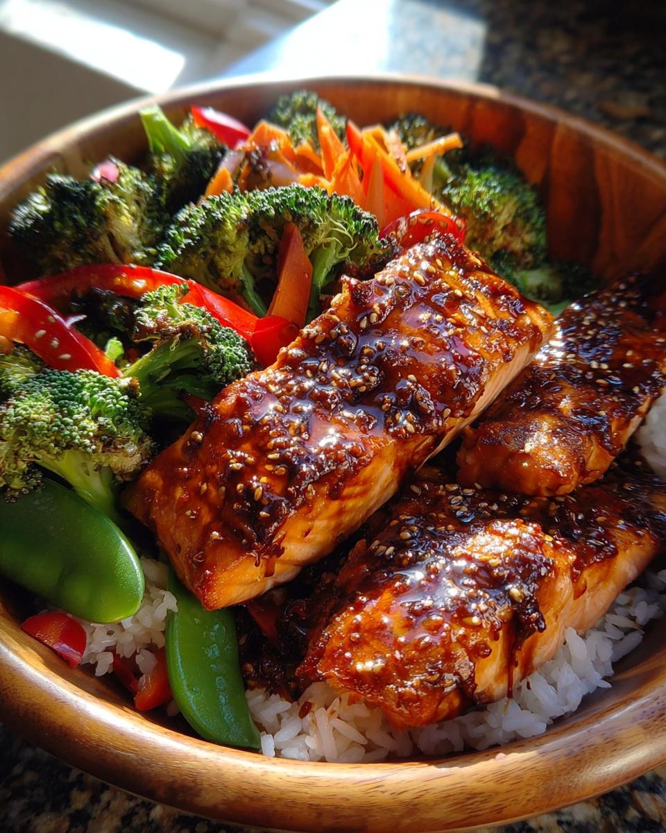 Close-up of glazed salmon fillets served over rice with fresh broccoli and peppers in a Teriyaki Salmon Bowls with Fresh Crunch.