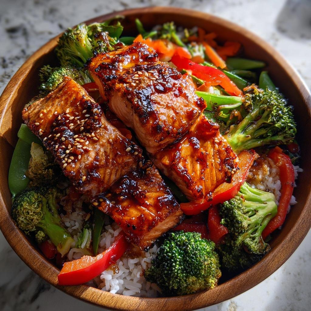 Close-up of glazed salmon fillets served over rice with broccoli and red peppers in a Teriyaki Salmon Bowls with Fresh Crunch.