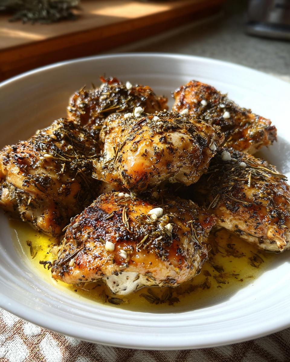 Close-up of juicy Greek Style Chicken with Garlic and Oregano, heavily seasoned with herbs and resting in pan juices.