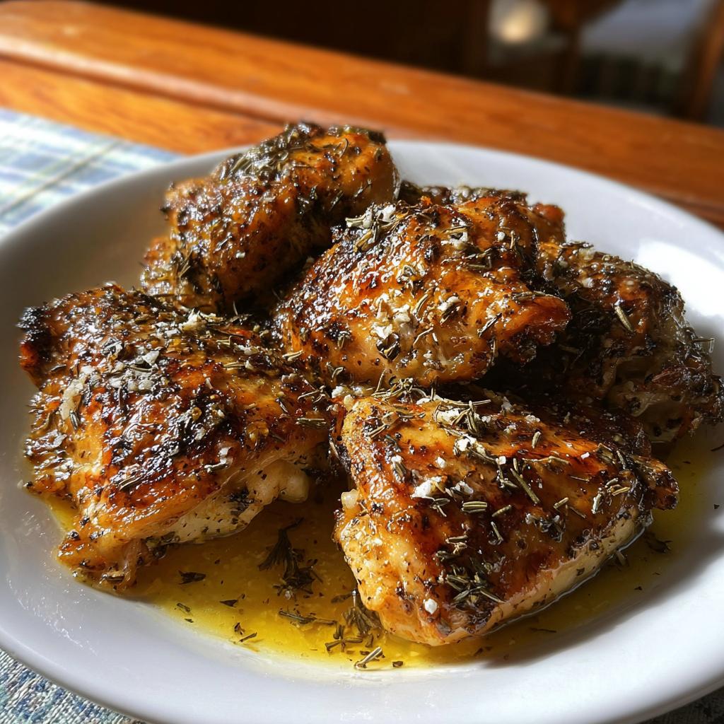 Close-up of baked Greek Style Chicken with Garlic and Oregano, glistening with sauce and herbs.