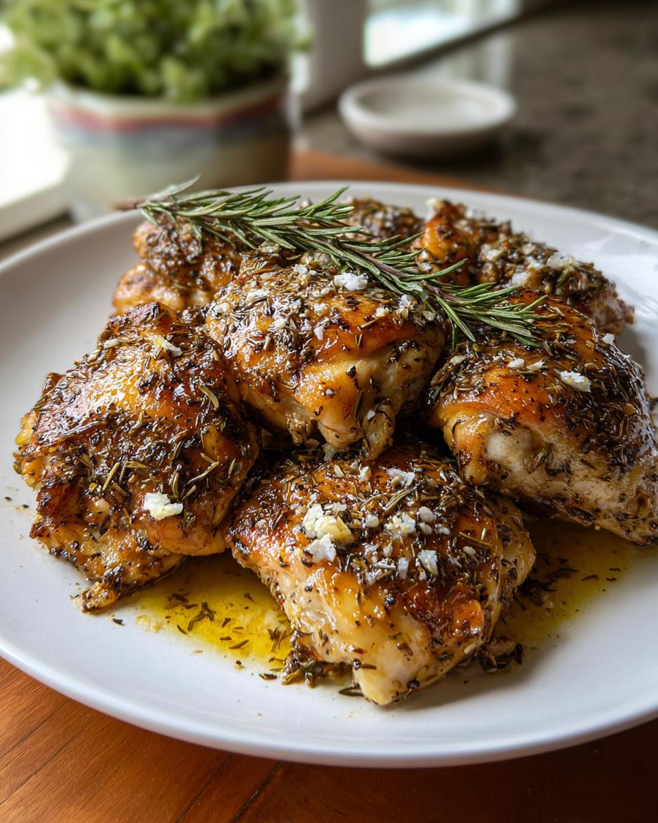 Several pieces of golden-brown Greek Style Chicken with Garlic and Oregano, glistening with sauce and topped with fresh rosemary.