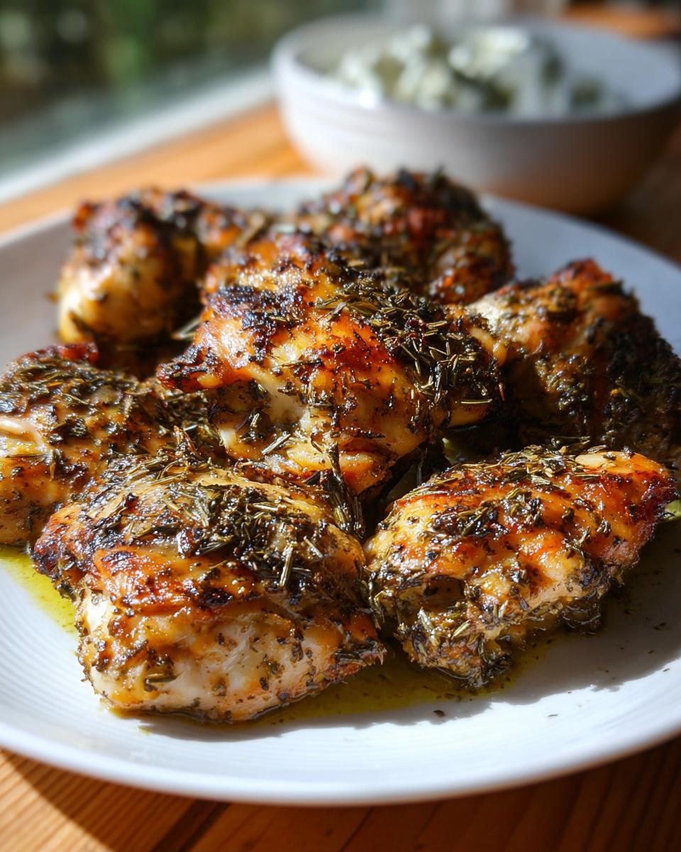 Close-up of perfectly seared Greek Style Chicken with Garlic and Oregano on a white plate.