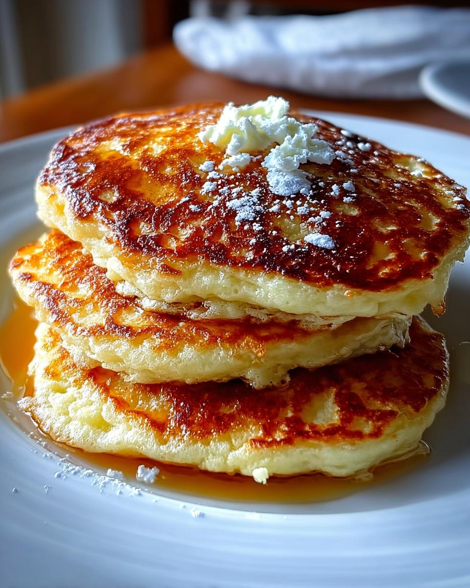A tall stack of golden brown Greek Yogurt Pancakes with a dollop of butter and powdered sugar.