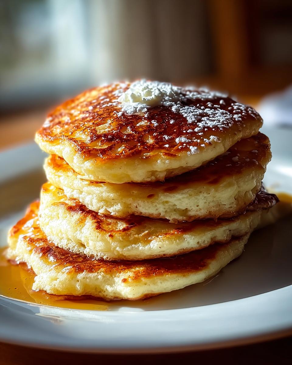 A stack of four fluffy Greek Yogurt Pancakes with Tender Bite, topped with powdered sugar and butter.