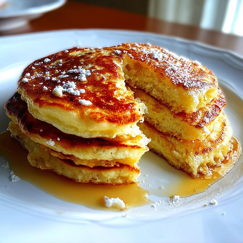 A stack of fluffy Greek Yogurt Pancakes with Tender Bite, dusted with powdered sugar and drizzled with syrup.