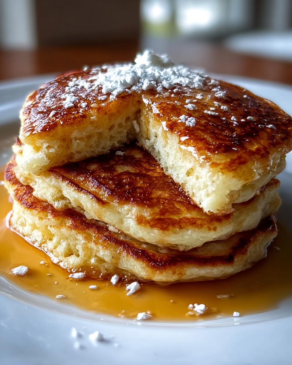 Close-up of a stack of fluffy Greek Yogurt Pancakes with syrup pooling at the base and powdered sugar dusted on top.