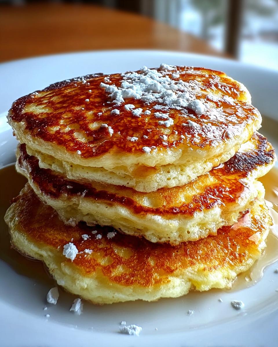 A tall stack of golden brown Greek Yogurt Pancakes with Tender Bite, drizzled with syrup and dusted with powdered sugar.