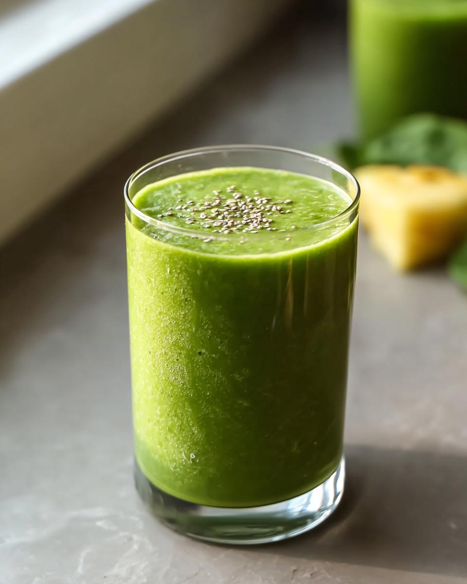 Close-up of a vibrant Green Smoothie with Spinach and Pineapple, topped with chia seeds.