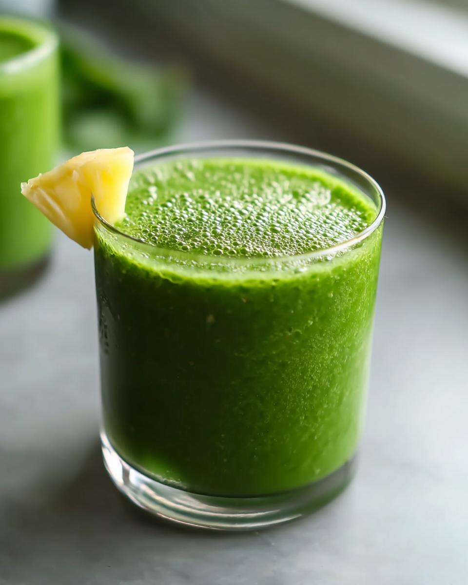 Close-up of a vibrant Green Smoothie with Spinach and Pineapple, garnished with a pineapple wedge.