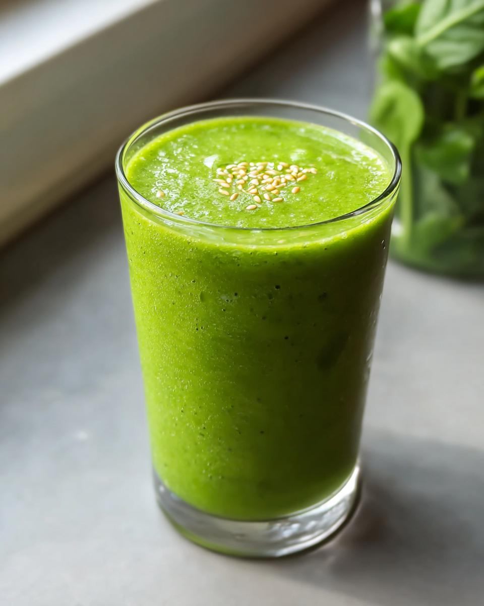 Close-up of a tall glass filled with a vibrant Green Smoothie with Spinach and Pineapple, topped with sesame seeds.