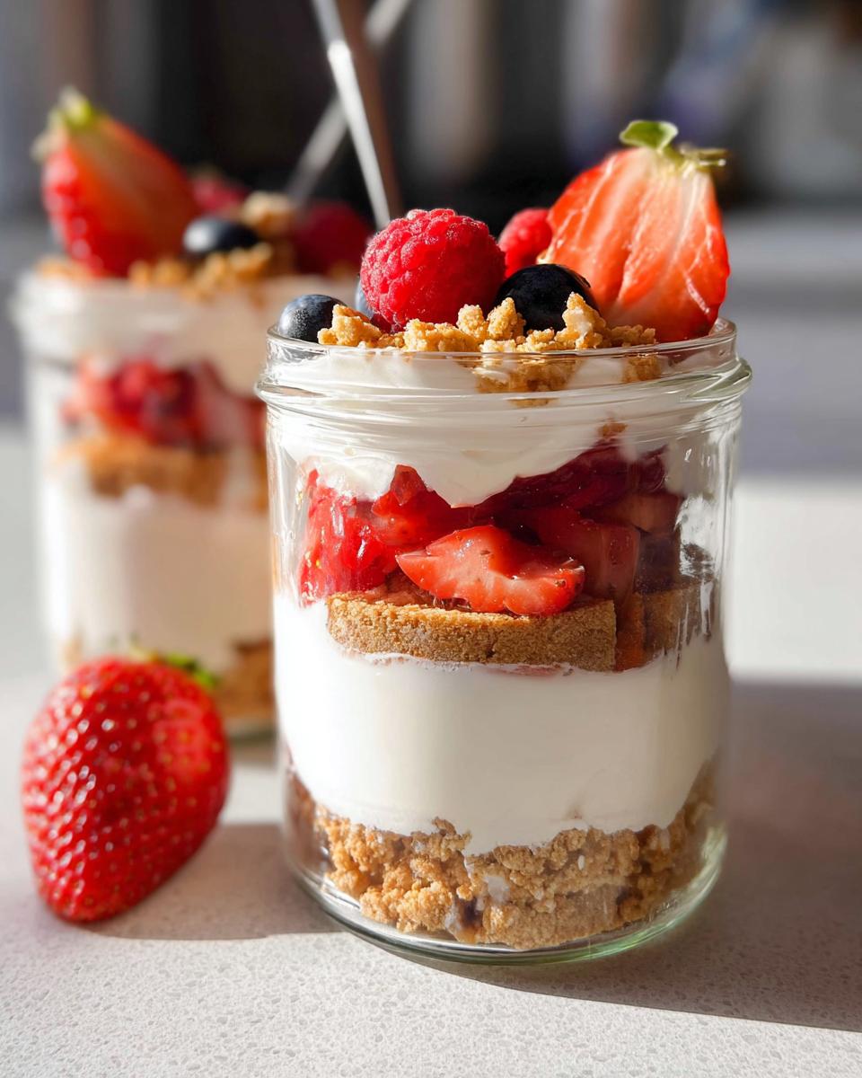 Close-up of a layered High Protein Cheesecake Jar topped with fresh strawberries, raspberries, and blueberries.