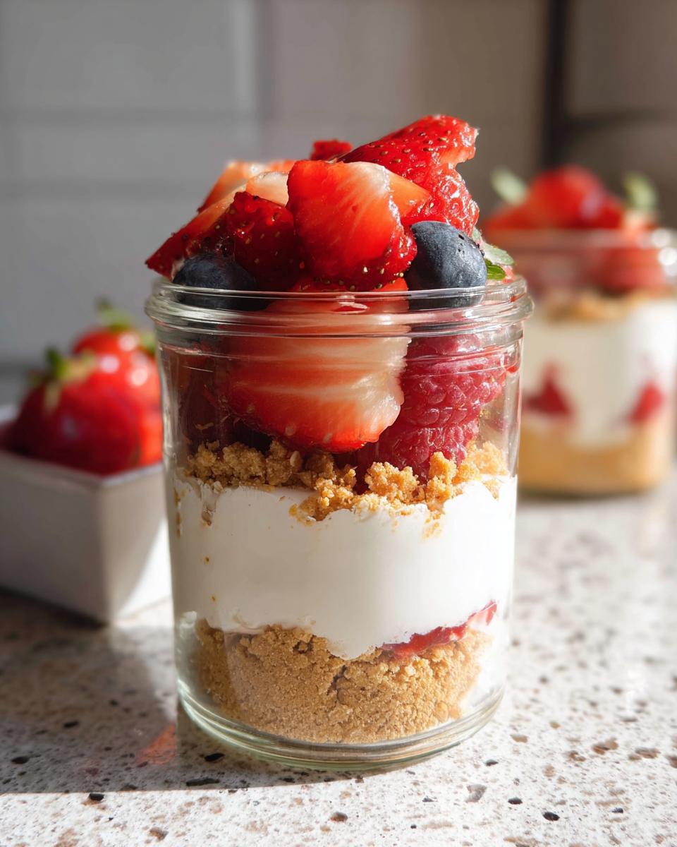 Close-up of a High Protein Cheesecake Jar layered with crust, creamy filling, and topped with fresh strawberries and blueberries.