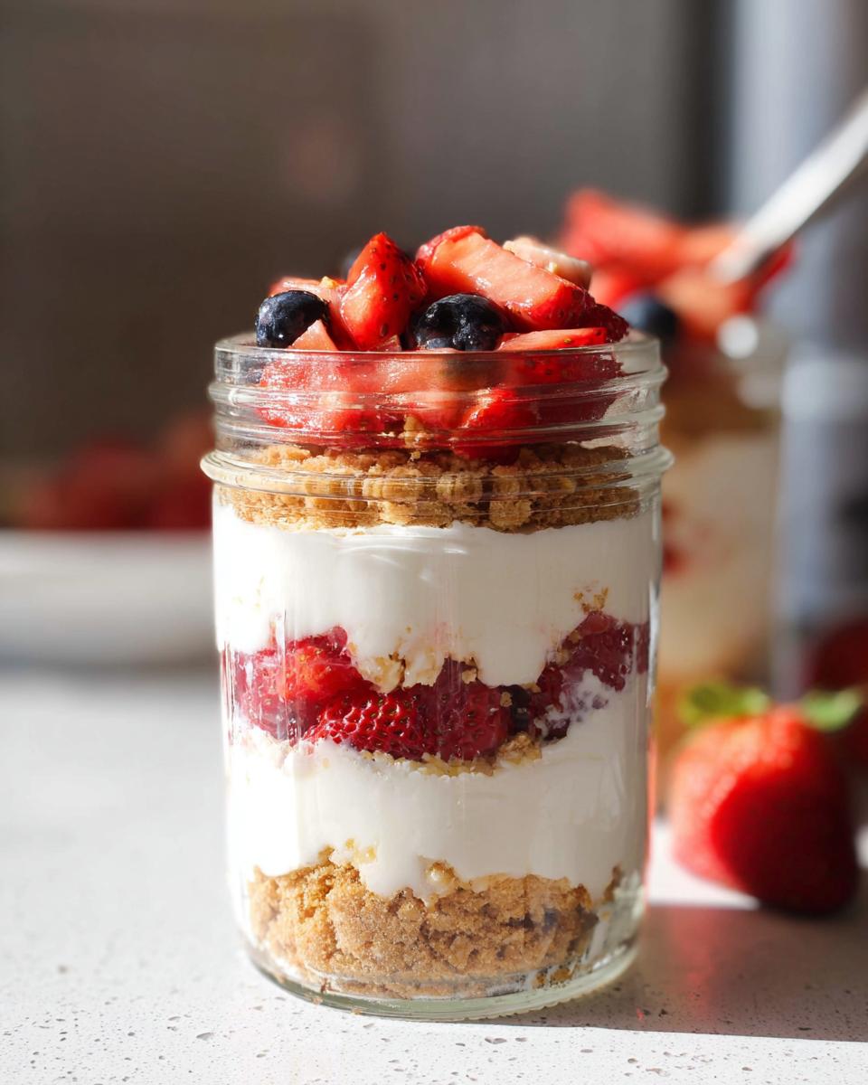 Close-up of a layered High Protein Cheesecake Jars dessert in a glass jar with graham cracker crust and fresh strawberries and blueberries.