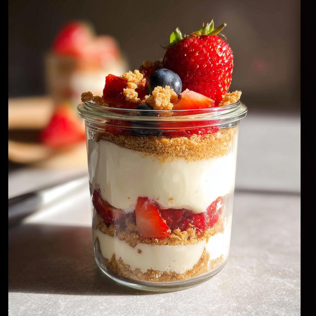 A layered High Protein Cheesecake Jars dessert topped with fresh strawberries and blueberries.