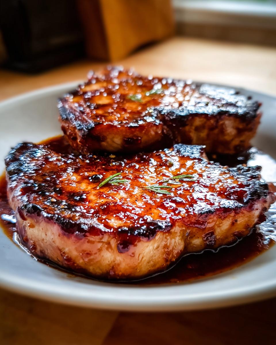 Two thick, juicy Honey Garlic Pork Chops covered in a rich, sticky glaze, garnished with rosemary.
