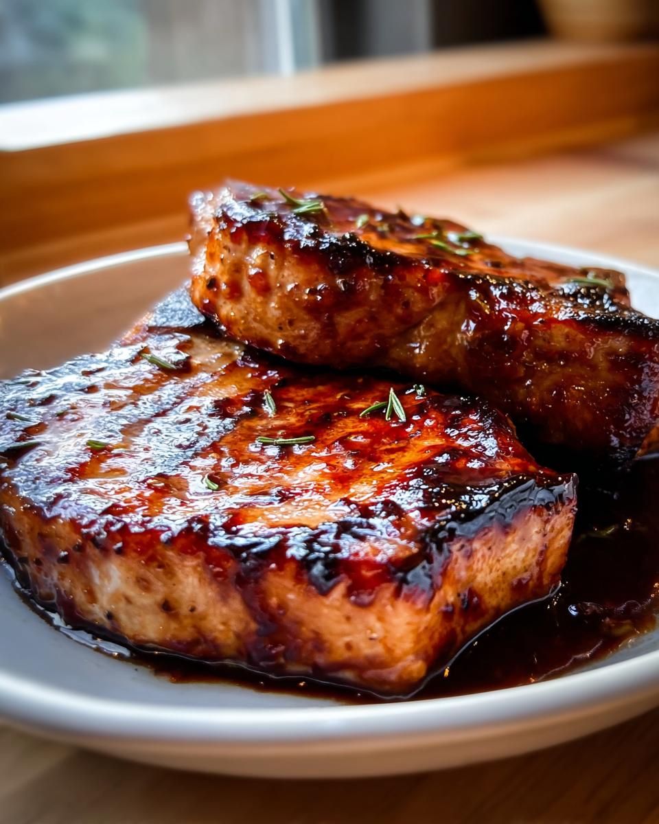 Two thick, juicy Honey Garlic Pork Chops covered in a dark, sticky glaze and garnished with rosemary.