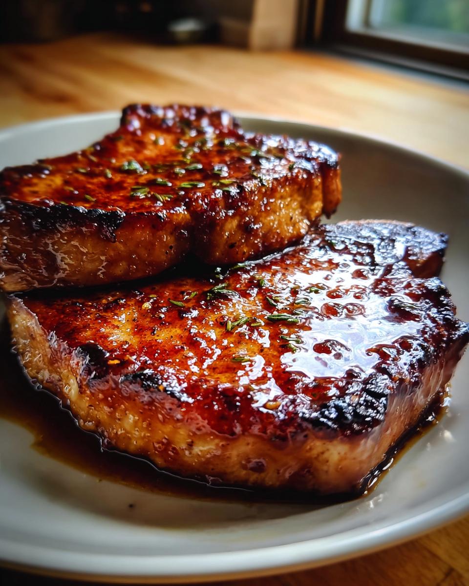 Two thick Honey Garlic Pork Chops glistening with a sticky sauce and garnished with herbs.