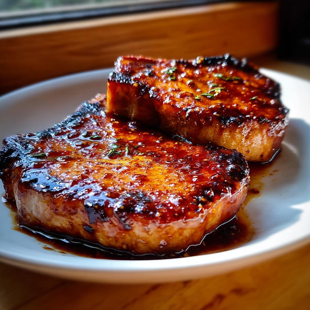 Two thick, juicy Honey Garlic Pork Chops covered in a rich, sticky glaze on a white plate.