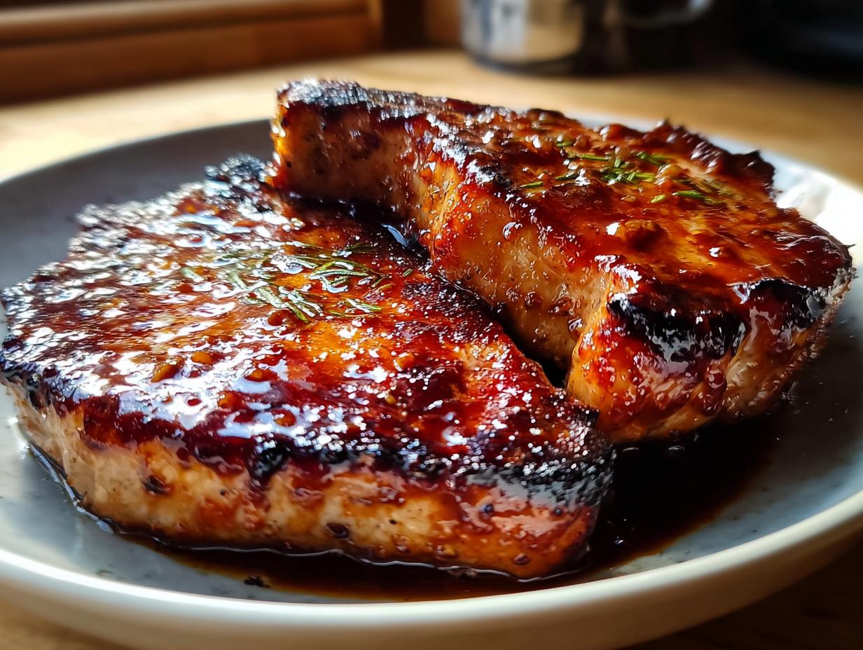 Two thick Honey Garlic Pork Chops covered in a thick, glossy, sticky sauce on a light plate.
