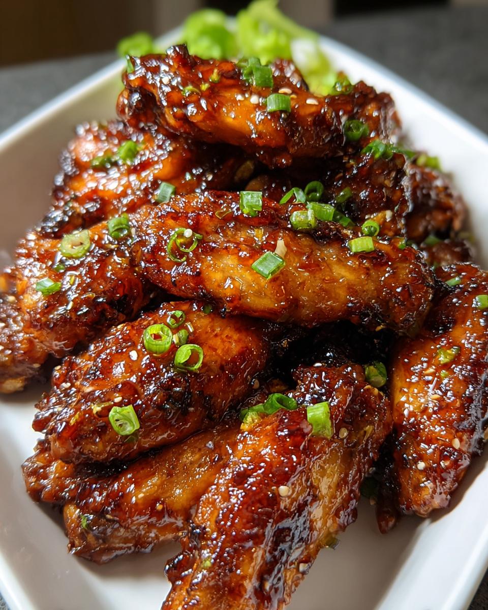 Close-up of crispy Honey Garlic Wings coated in a sticky glaze and topped with green onions.