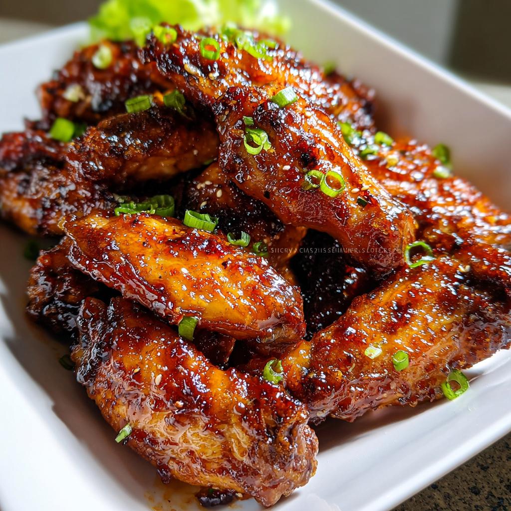 A pile of glistening Honey Garlic Wings coated in a sticky glaze and topped with chopped green onions.