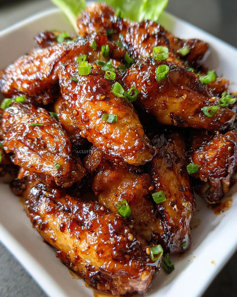 Close-up of glossy Honey Garlic Wings with Sticky Glaze, garnished with chopped green onions.