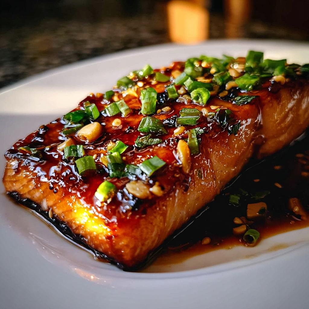 A close-up of a perfectly cooked Honey Soy Glazed Salmon with a sticky finish, topped with chopped green onions.
