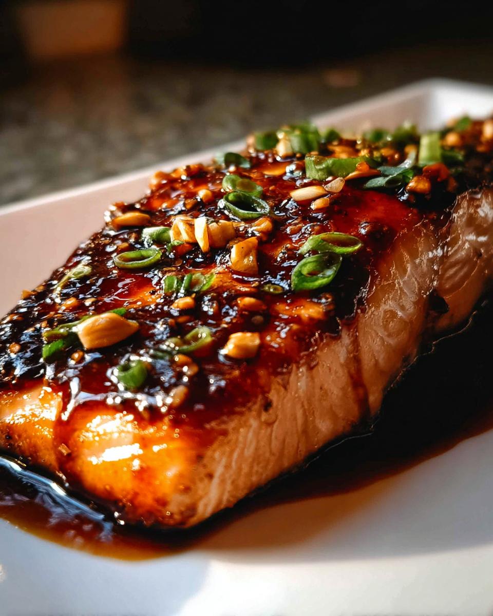 Close-up of a perfectly cooked Honey Soy Glazed Salmon fillet with a thick, sticky glaze and green onions.