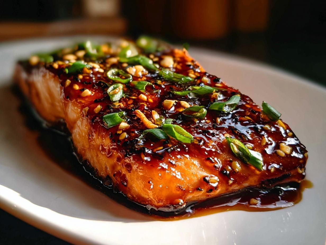 A close-up of a perfectly cooked Honey Soy Glazed Salmon with a sticky, dark glaze, topped with sesame seeds and sliced green onions.