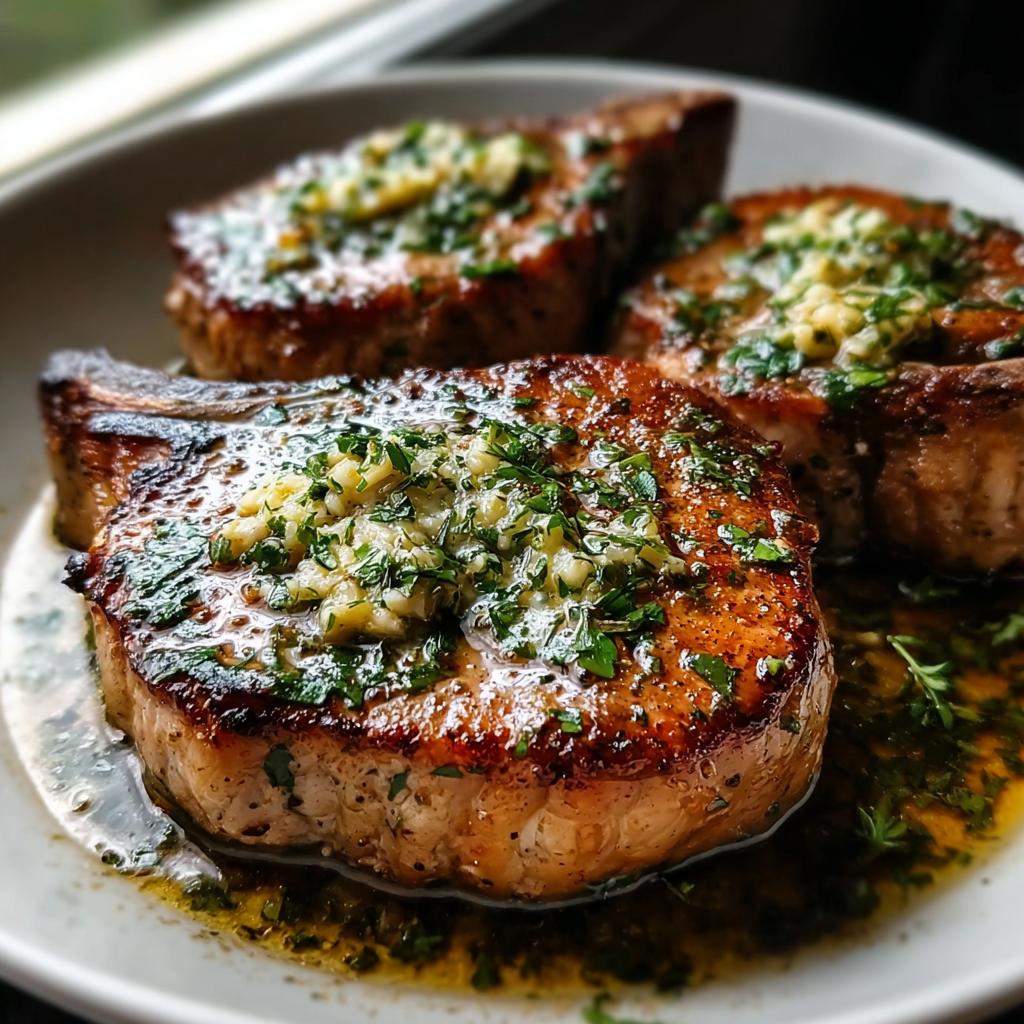 Three perfectly seared Juicy Pan Seared Pork Chops topped with melted garlic butter and fresh parsley.