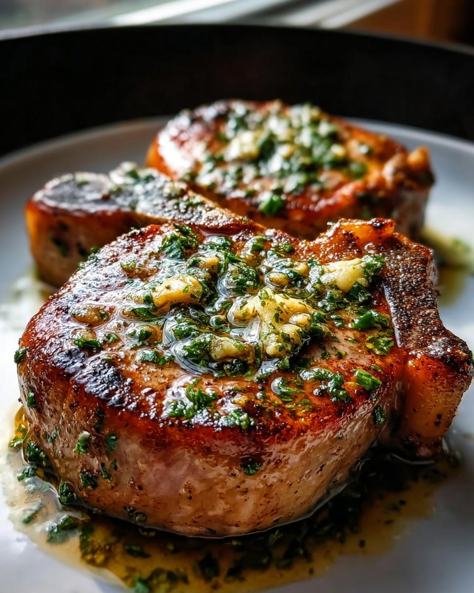 Close-up of two Juicy Pan Seared Pork Chops topped with melted garlic butter and fresh herbs.