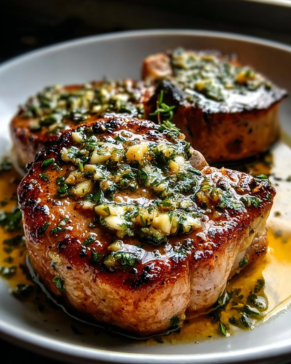 Close-up of Juicy Pan Seared Pork Chops covered in glistening garlic butter sauce and fresh herbs.